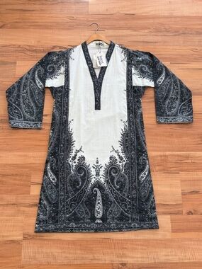 NEW ~ Pakistani Kurta Black & White Paisley Tunic Kaaj by Gul Ahmed ~ Size XS
